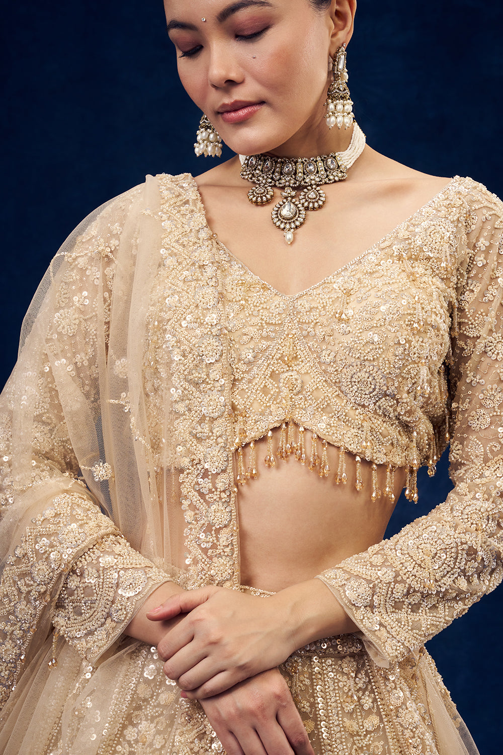 Champagne Gold Net Lehenga with 3D Flowers and Cutdana Hand Work