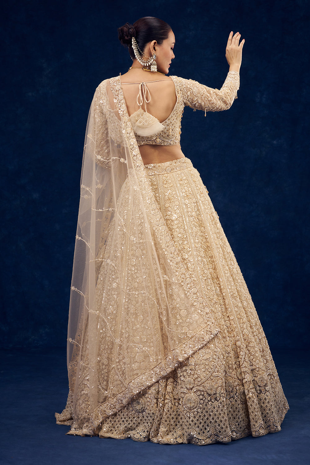 Champagne Gold Net Lehenga with 3D Flowers and Cutdana Hand Work