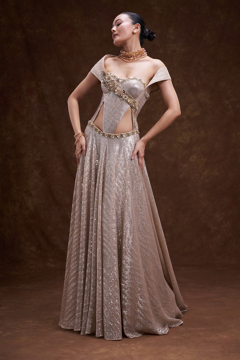 Champagne Gold Sequin Embellished Gown