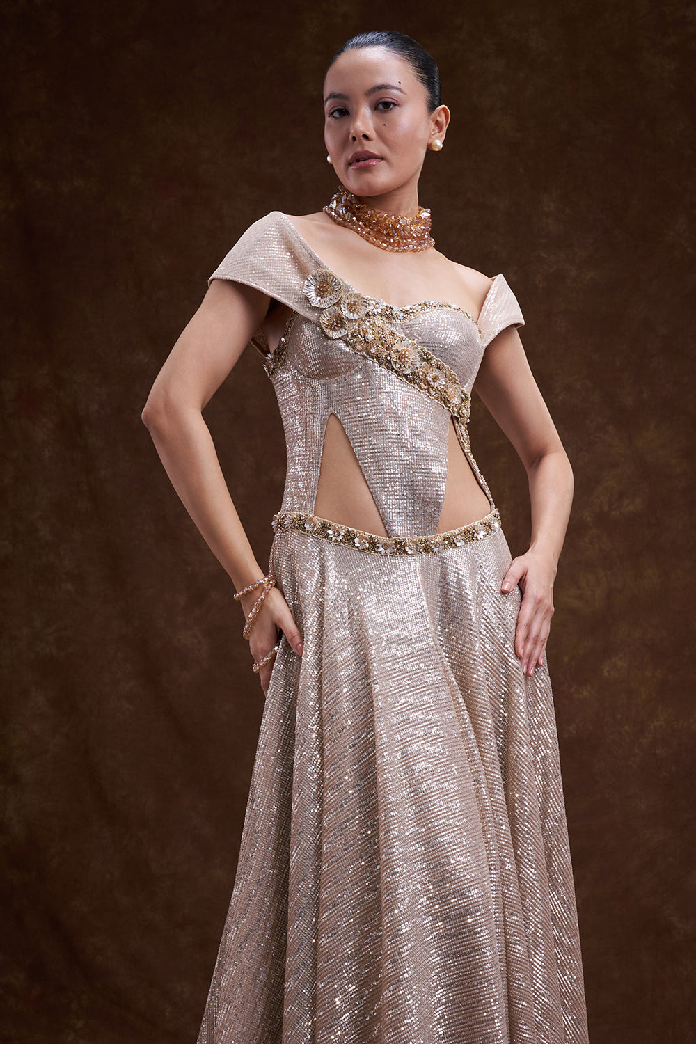 Champagne Gold Sequin Embellished Gown