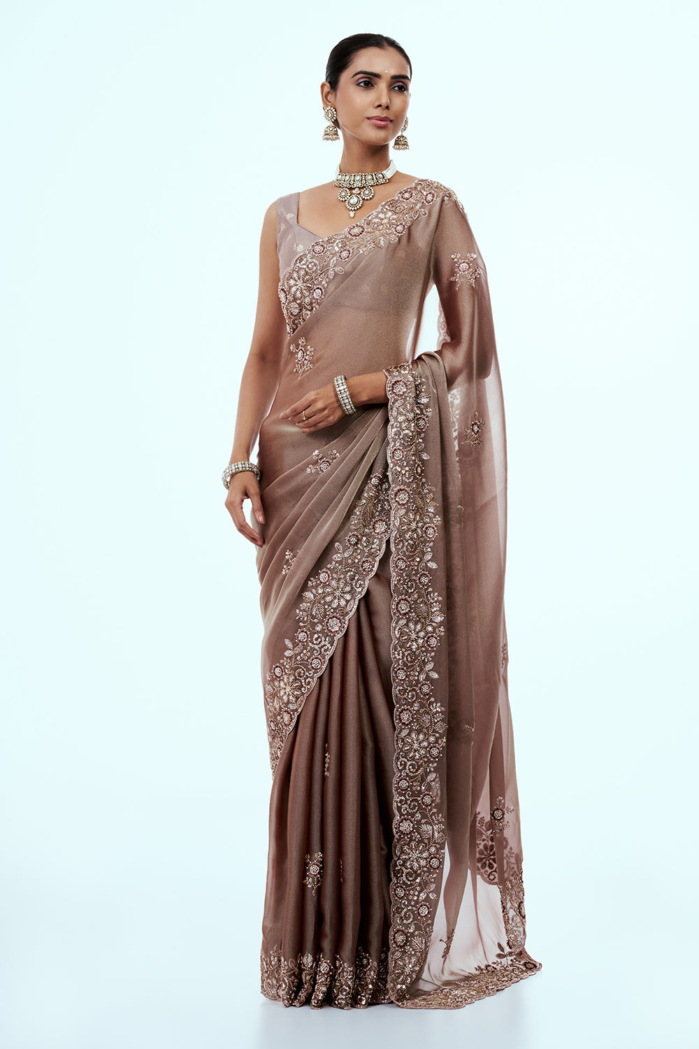 Champagne Gold Shimmer Organza Saree with Resham Work