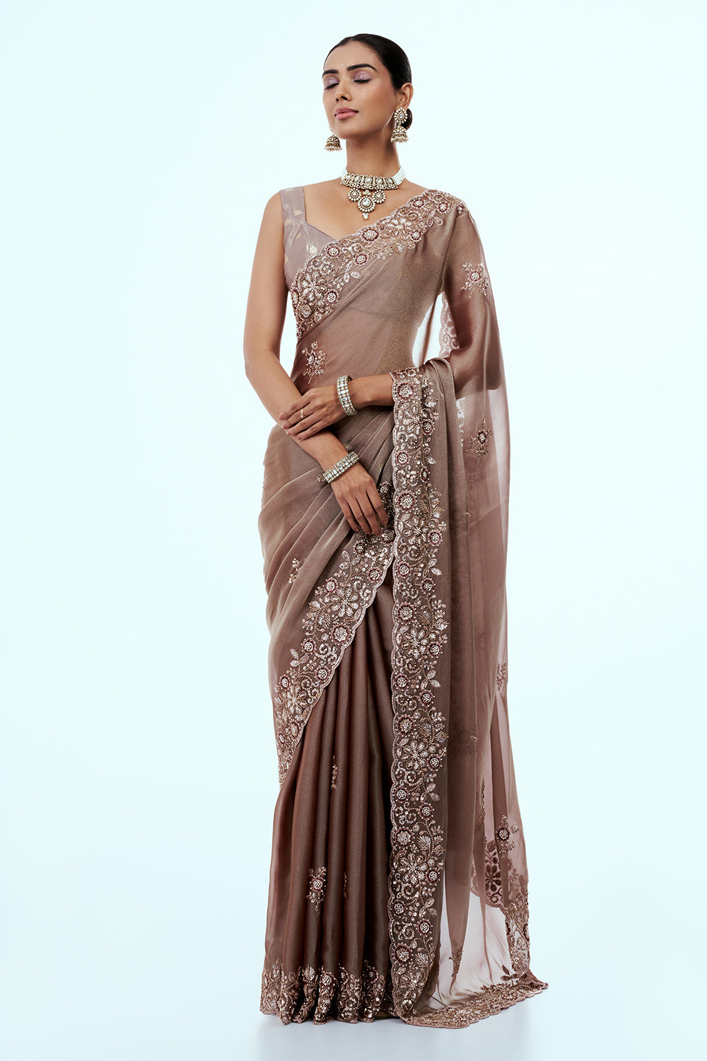 Champagne Gold Shimmer Organza Saree with Resham Work