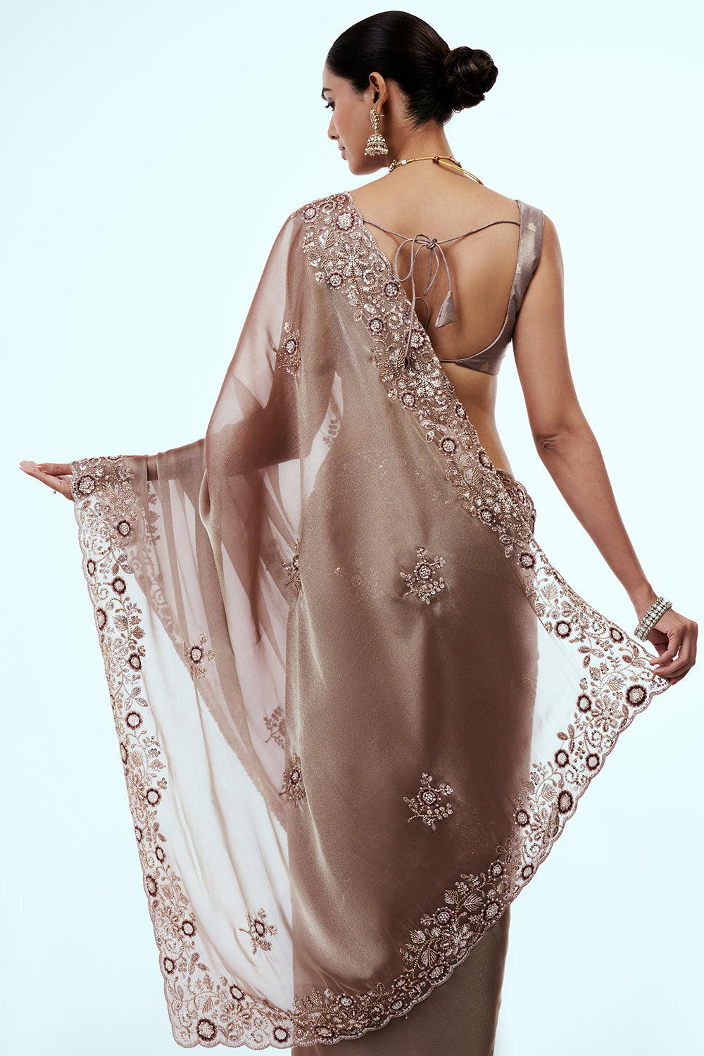 Champagne Gold Shimmer Organza Saree with Resham Work