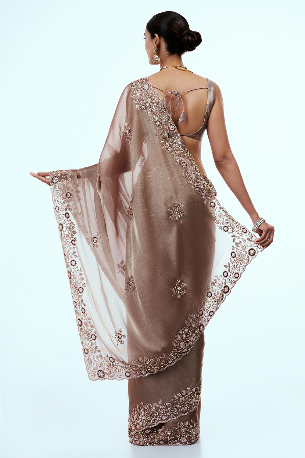 Champagne Gold Shimmer Organza Saree with Resham Work
