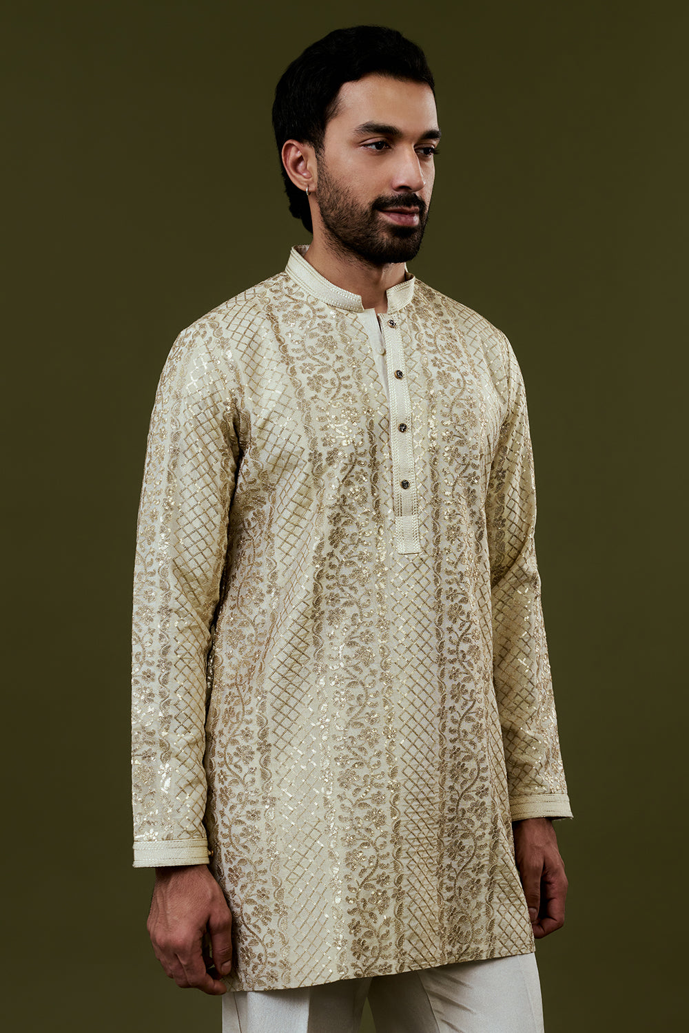 Champagne Gold Shimmer Tissue Mens Kurta Set with Intricate Sequins and Zari Detailing