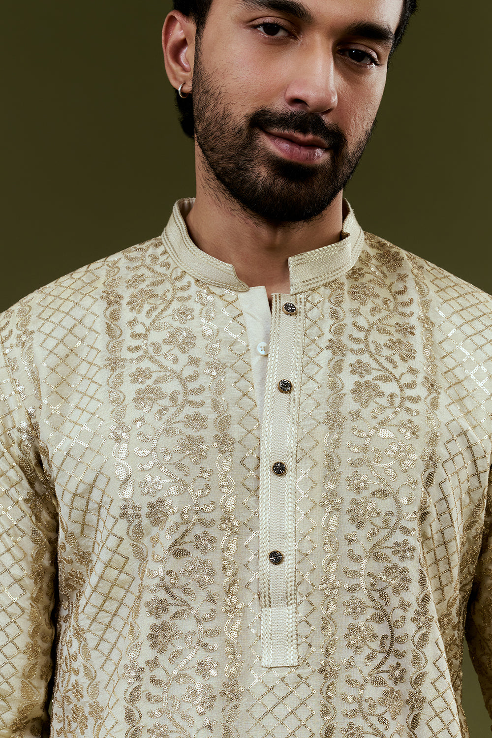 Champagne Gold Shimmer Tissue Mens Kurta Set with Intricate Sequins and Zari Detailing