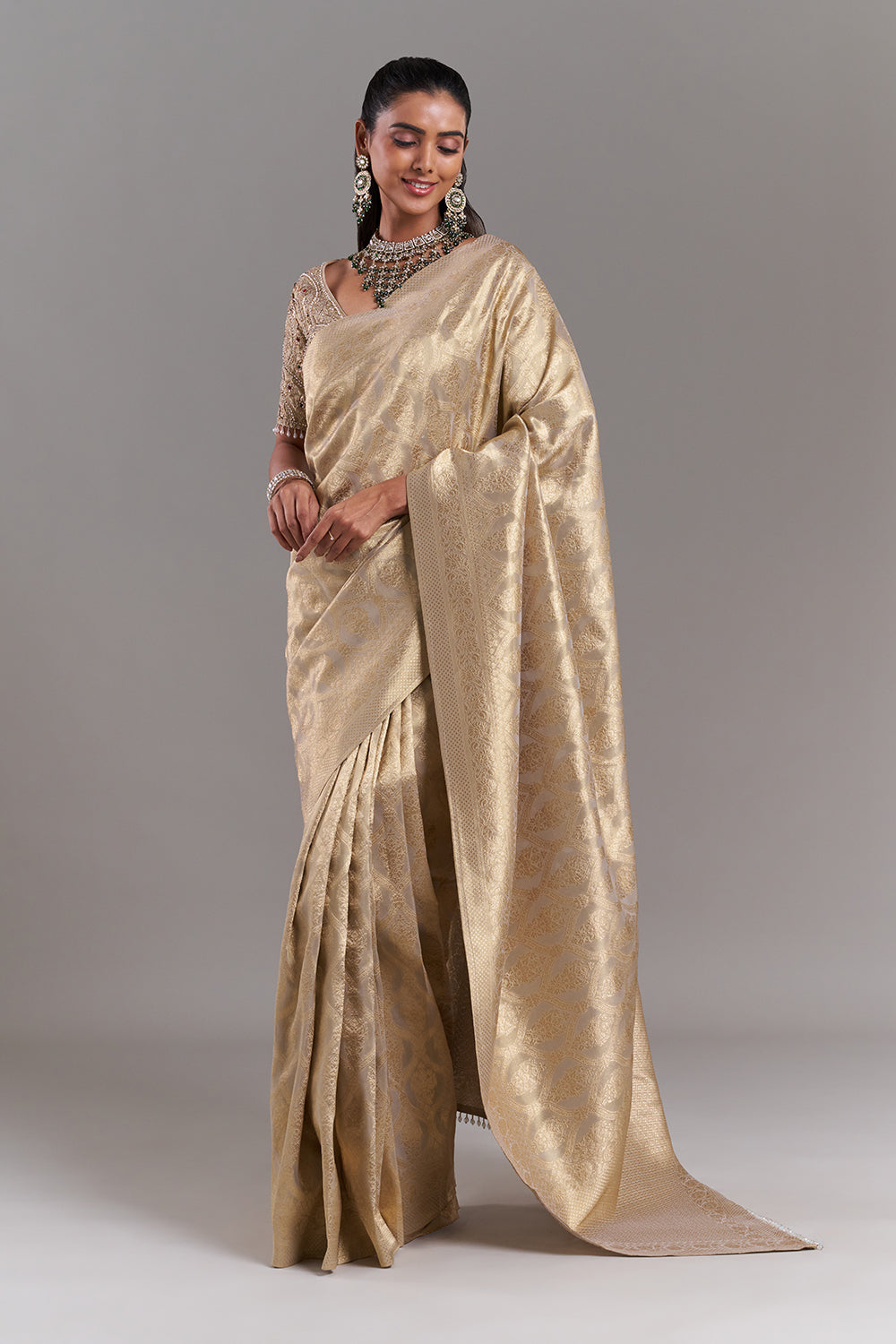 Champagne Gold Shimmer Tissue Saree with Stitched Blouse