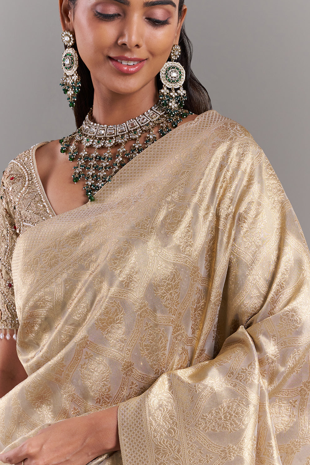 Champagne Gold Shimmer Tissue Saree with Stitched Blouse