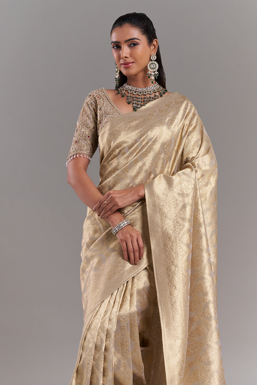 Champagne Gold Shimmer Tissue Saree with Stitched Blouse