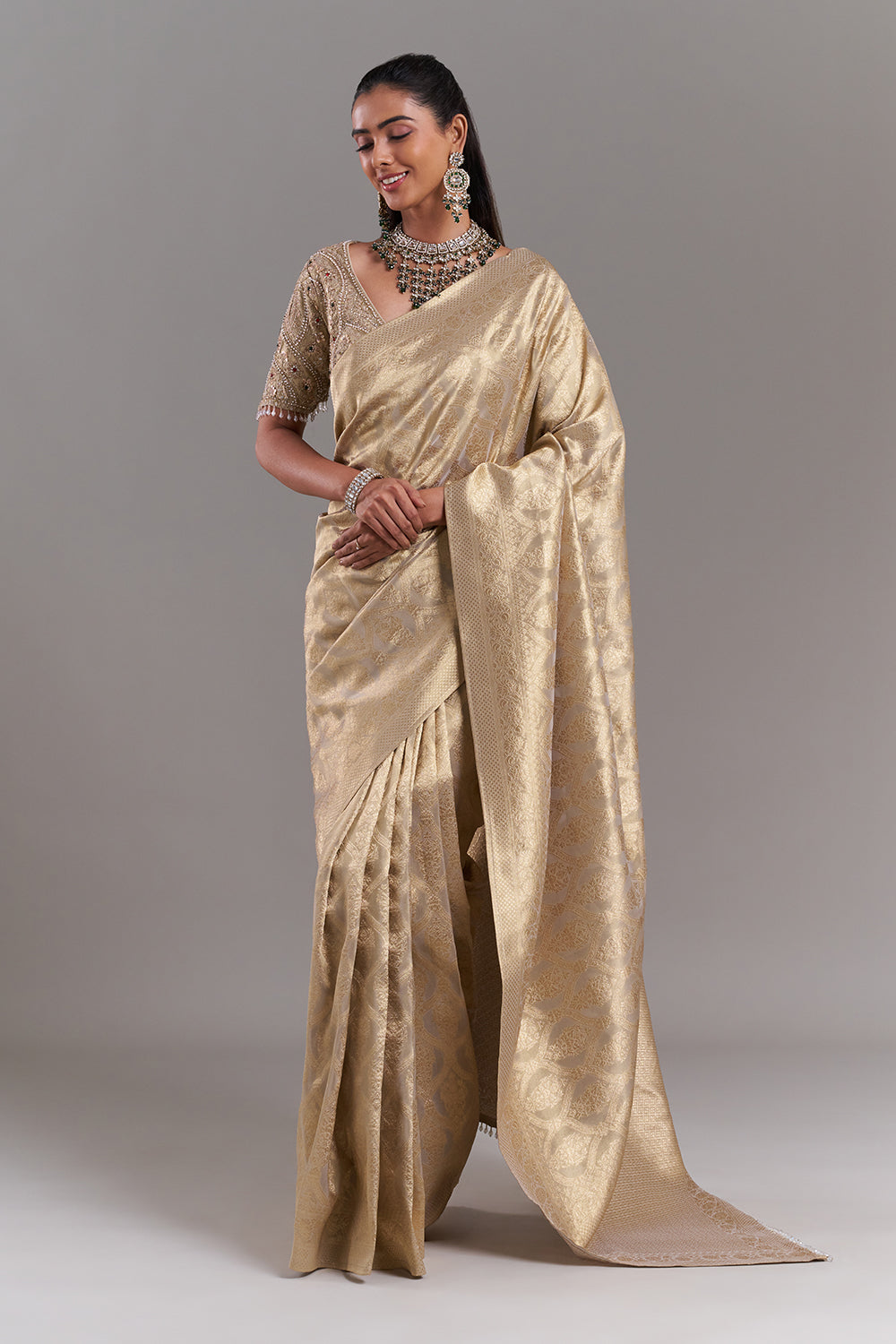Champagne Gold Shimmer Tissue Saree with Stitched Blouse