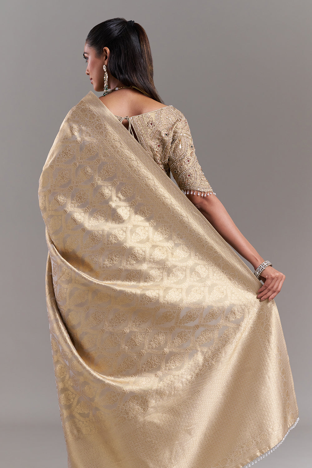 Champagne Gold Shimmer Tissue Saree with Stitched Blouse