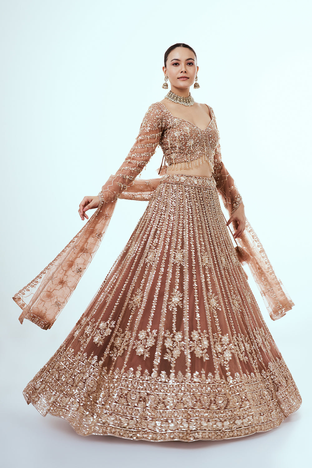 Champagne Net Lehenga with Sequins and Cutdana Hand Work