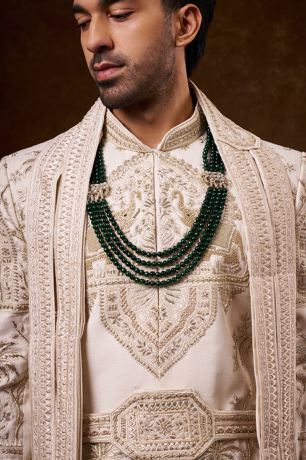 Champagne Tussar Silk Groom’s Sherwani with Zardozi Work
