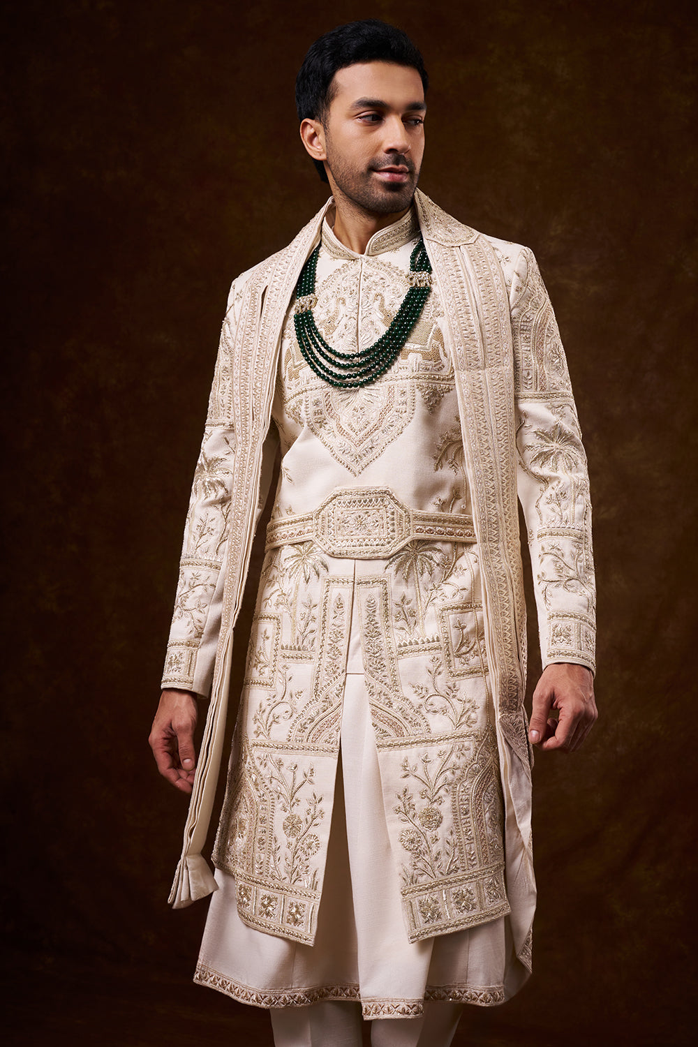 Champagne Tussar Silk Groom’s Sherwani with Zardozi Work