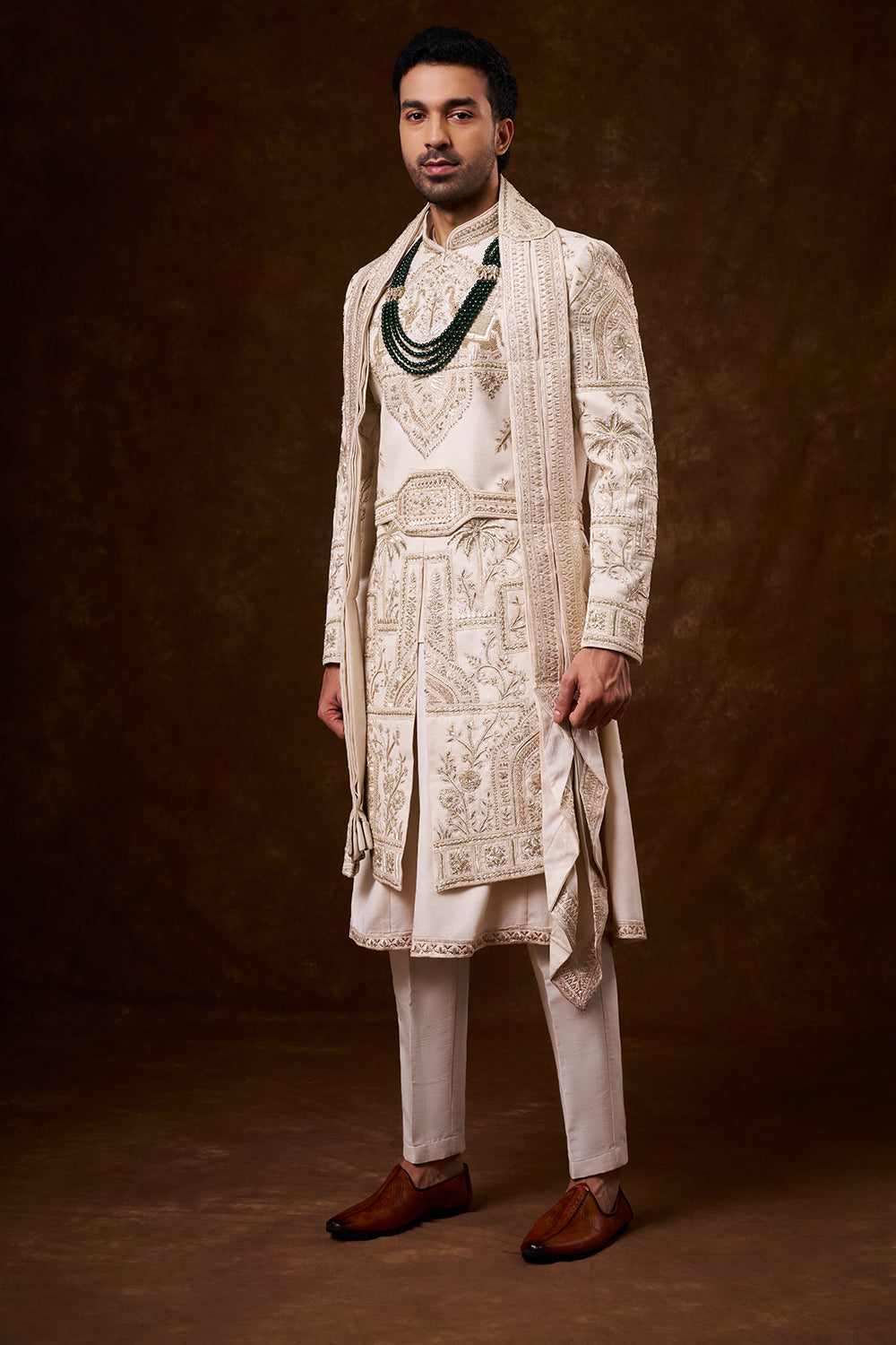 Champagne Tussar Silk Groom’s Sherwani with Zardozi Work