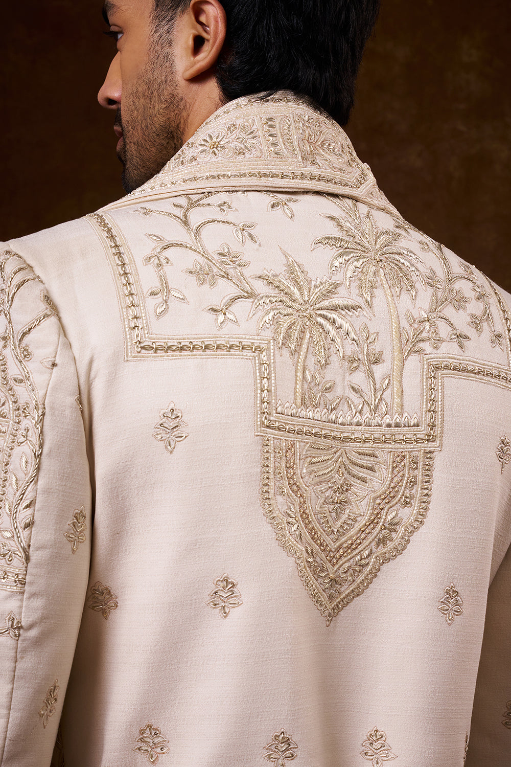 Champagne Tussar Silk Groom’s Sherwani with Zardozi Work