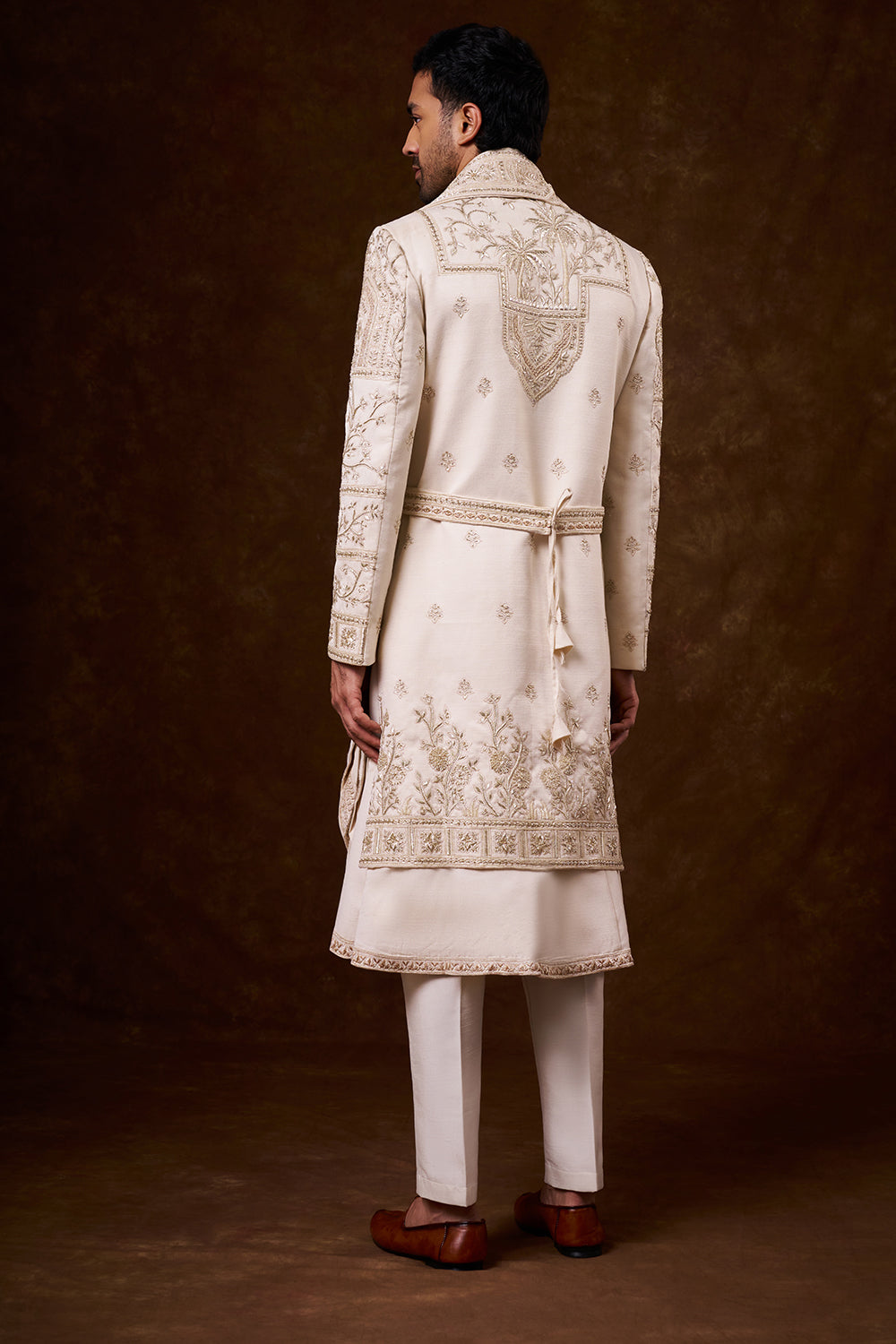 Champagne Tussar Silk Groom’s Sherwani with Zardozi Work