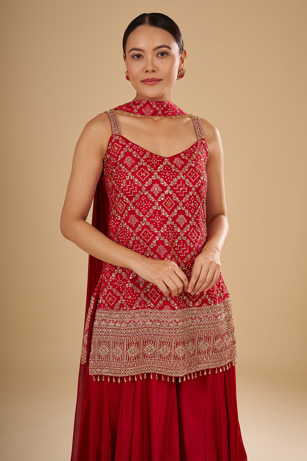 Cherry Red Banarasi Bandhani Kurta Set with Gold Sequin, Pearl and Crystal Hand Embroidery