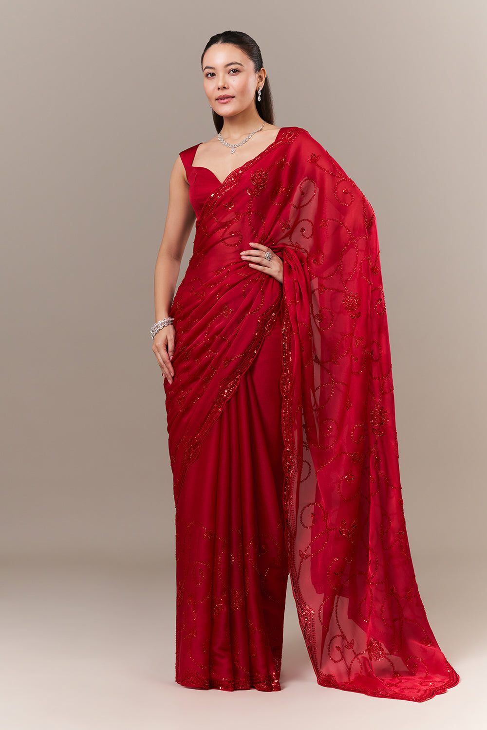 Cherry Red Net Saree with Cutdana and Sequin Work