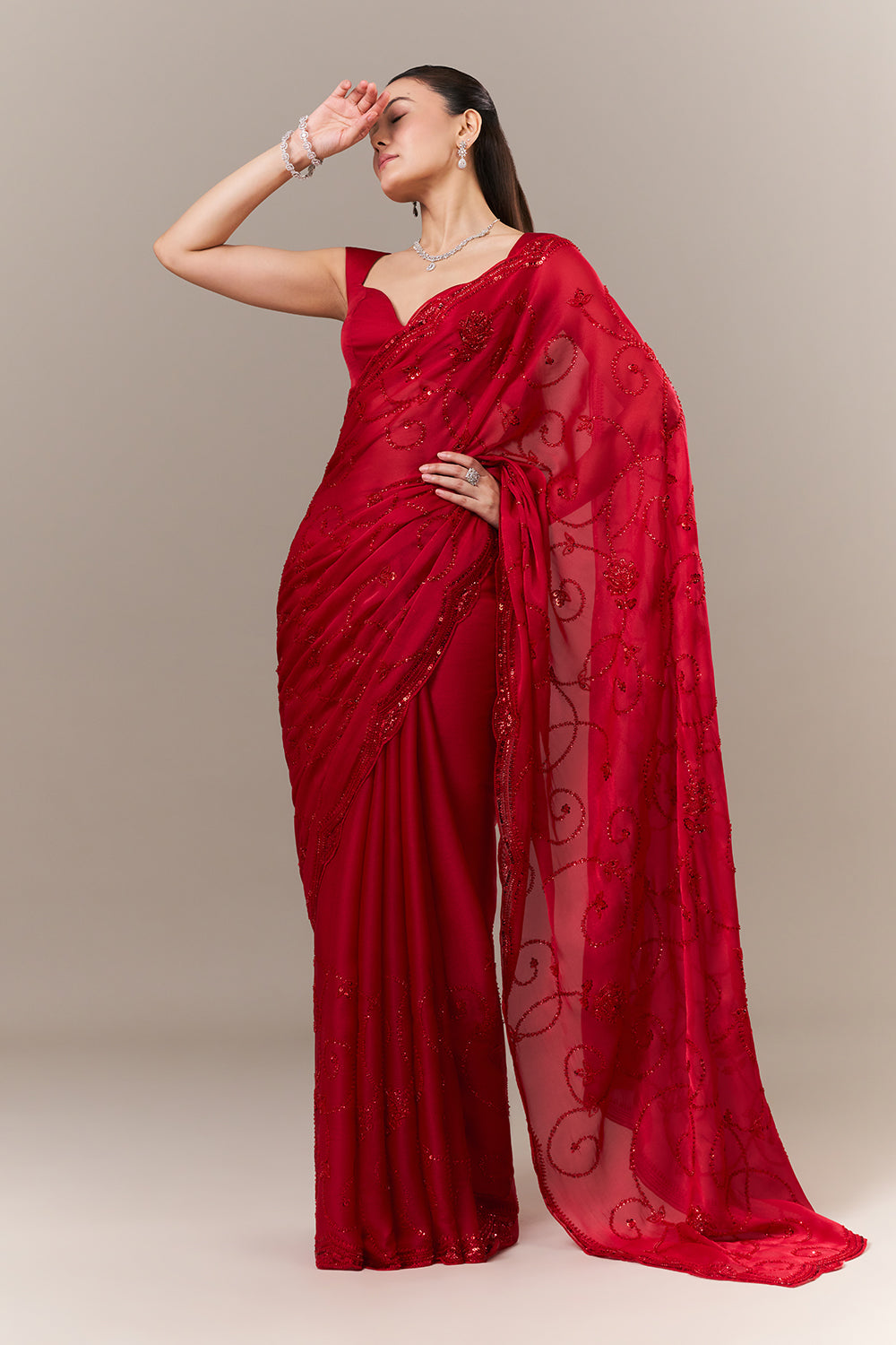 Cherry Red Net Saree with Cutdana and Sequin Work