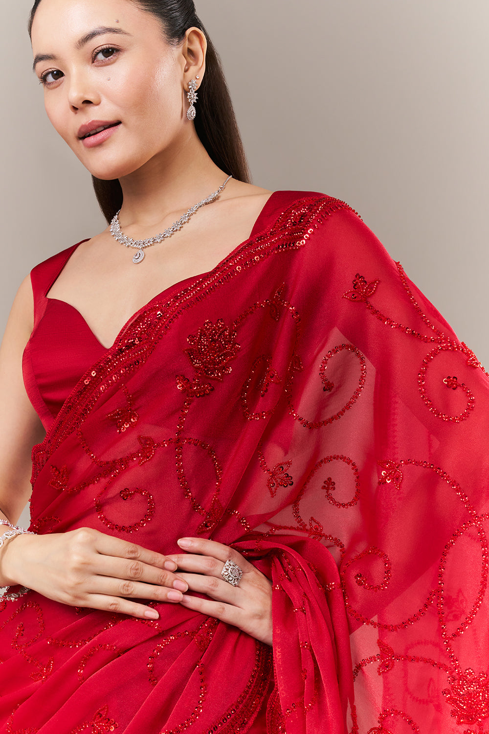Cherry Red Net Saree with Cutdana and Sequin Work