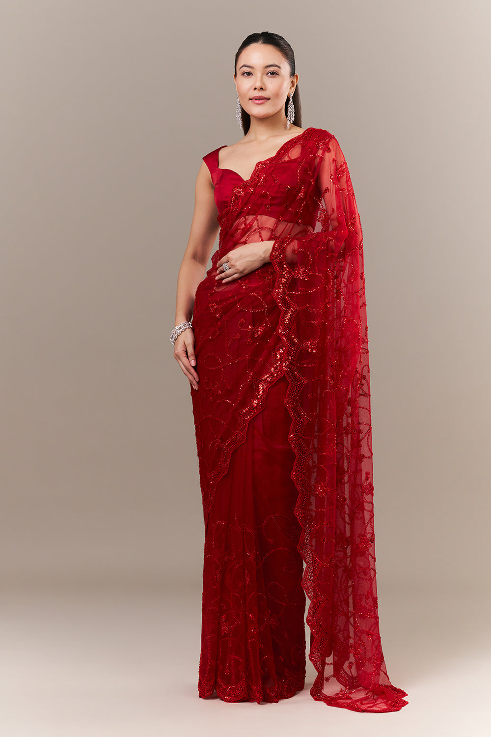 Cherry Red Net Saree with Sequin and Bead Work