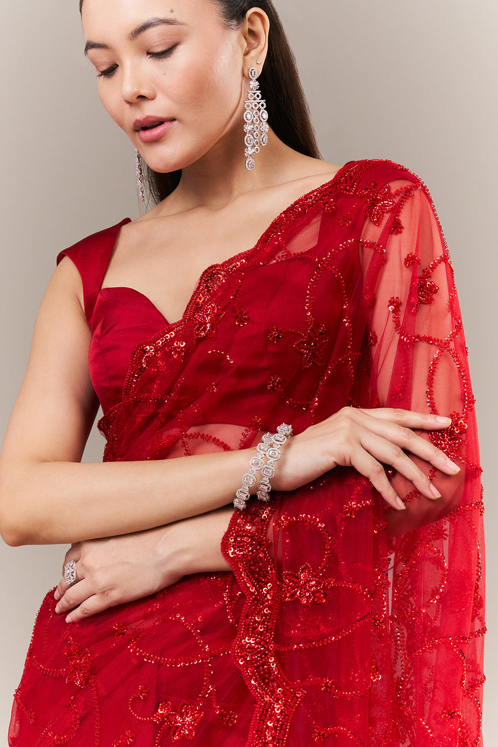 Cherry Red Net Saree with Sequin and Bead Work
