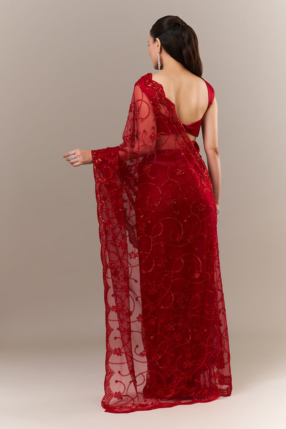Cherry Red Net Saree with Sequin and Bead Work