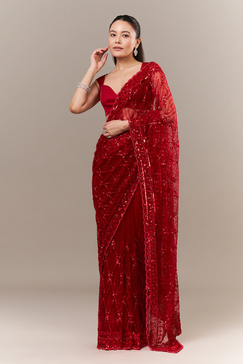 Cherry Red Net Saree with Sequin and Cutdana Work