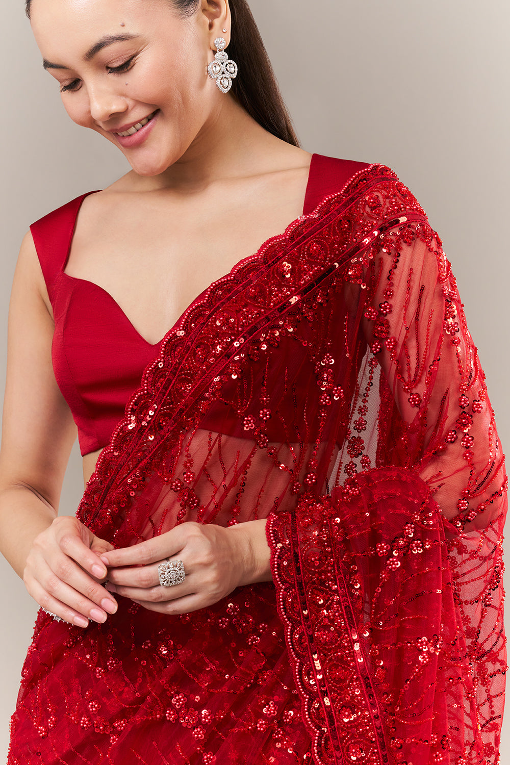 Cherry Red Net Saree with Sequin and Cutdana Work