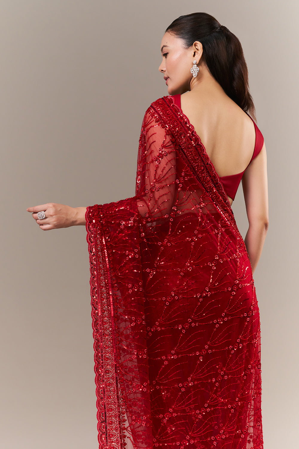 Cherry Red Net Saree with Sequin and Cutdana Work