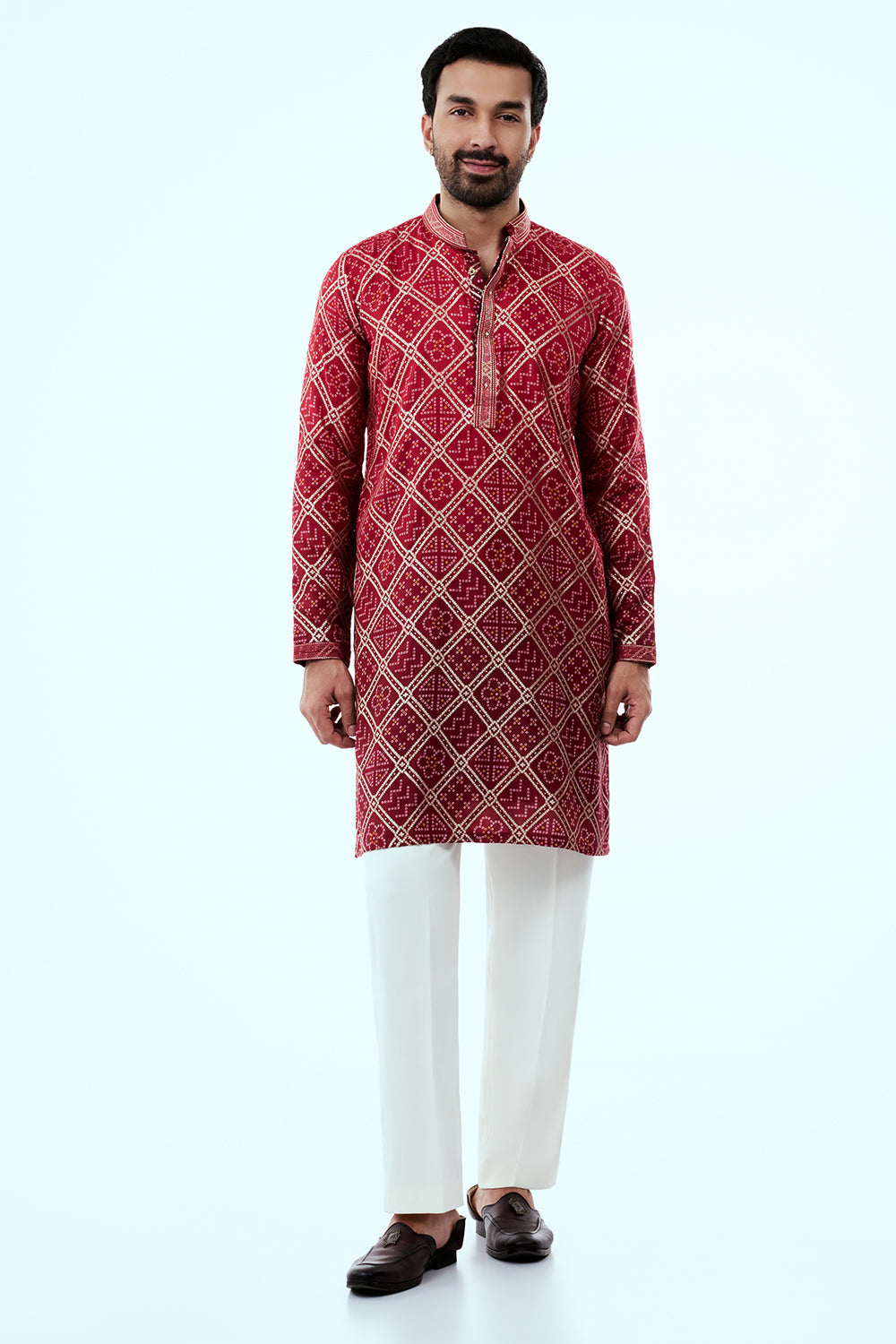 Cherry Red Ombre Shimmer Silk Mens Kurta Set with Embroidery Work