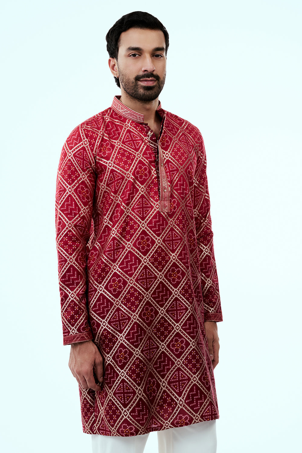 Cherry Red Ombre Shimmer Silk Mens Kurta Set with Embroidery Work
