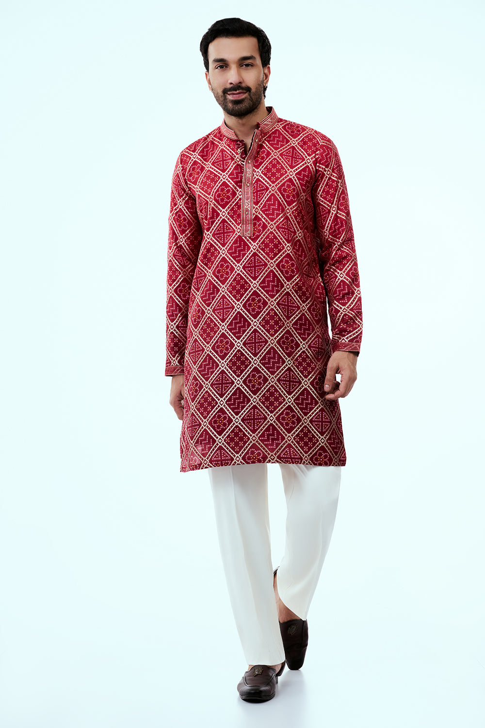 Cherry Red Ombre Shimmer Silk Mens Kurta Set with Embroidery Work