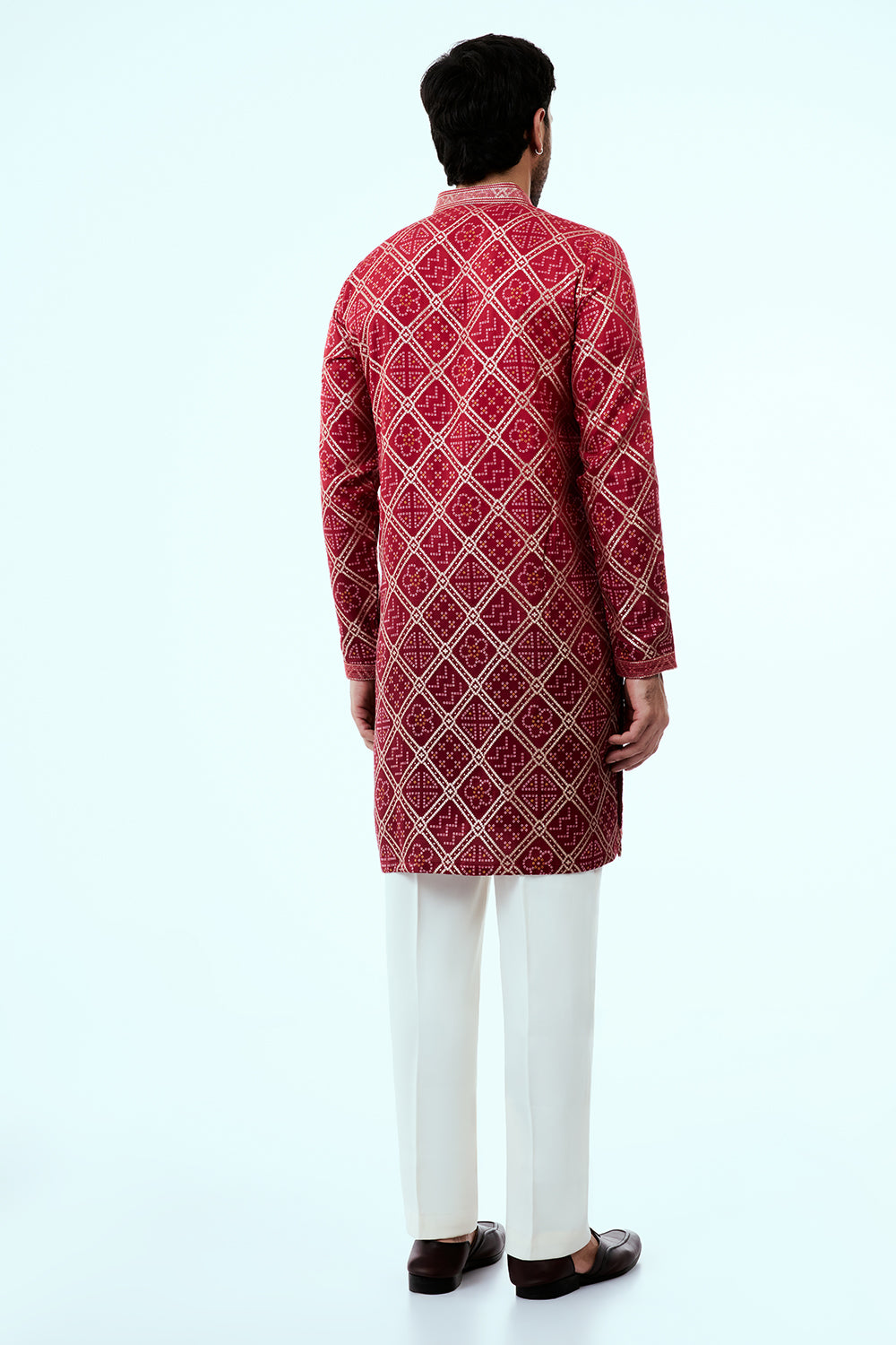 Cherry Red Ombre Shimmer Silk Mens Kurta Set with Embroidery Work