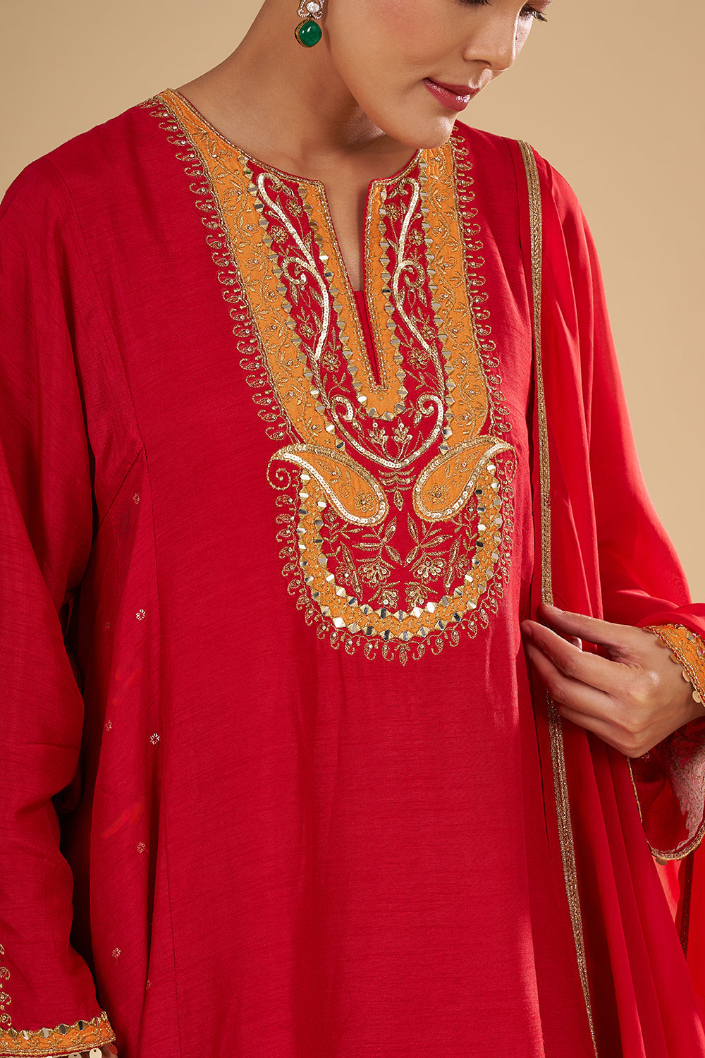 Cherry Red Raw Silk Peplum Kurta with Silk Tulip Pants and Mirror Work Dupatta