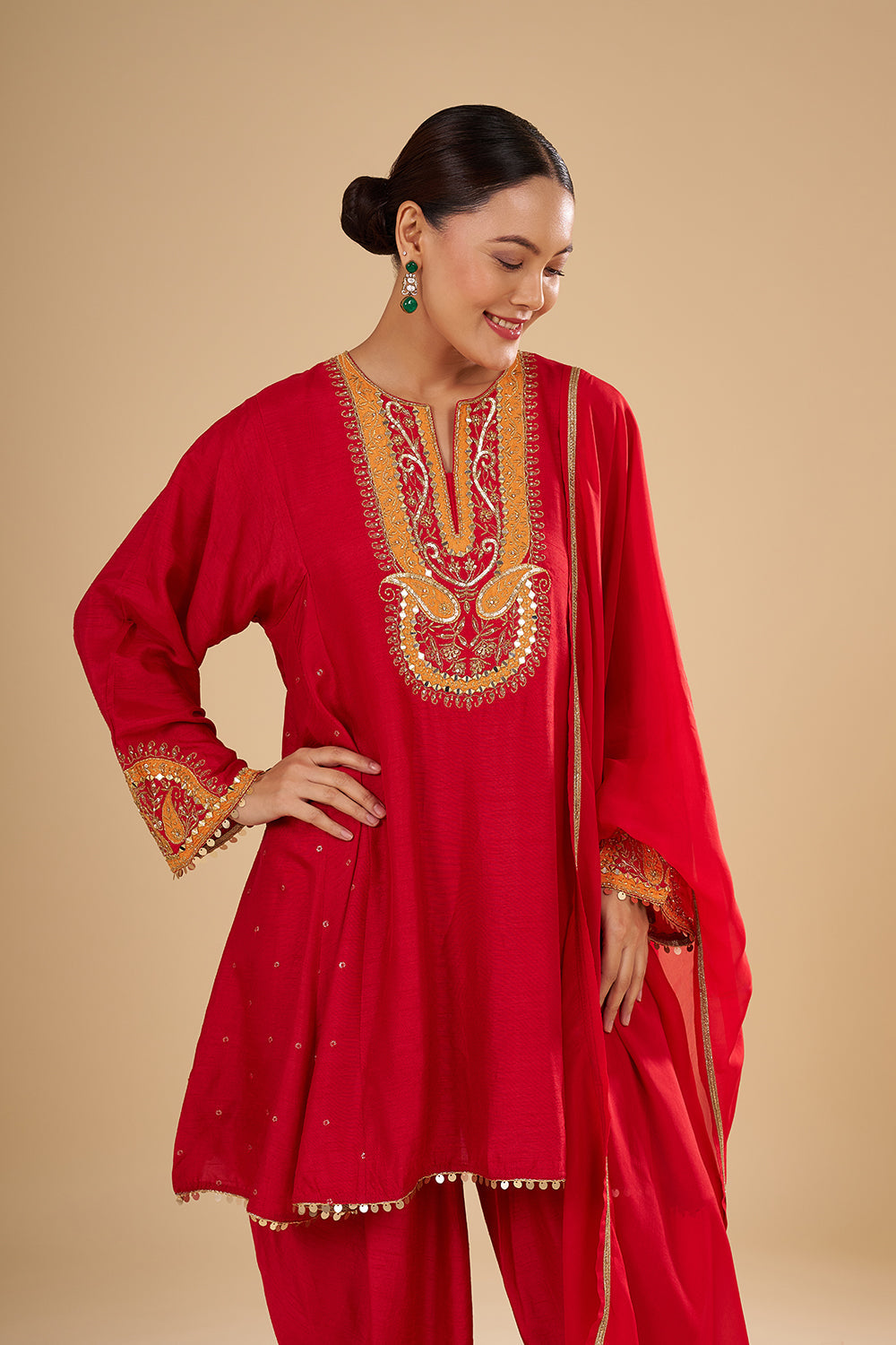 Cherry Red Raw Silk Peplum Kurta with Silk Tulip Pants and Mirror Work Dupatta