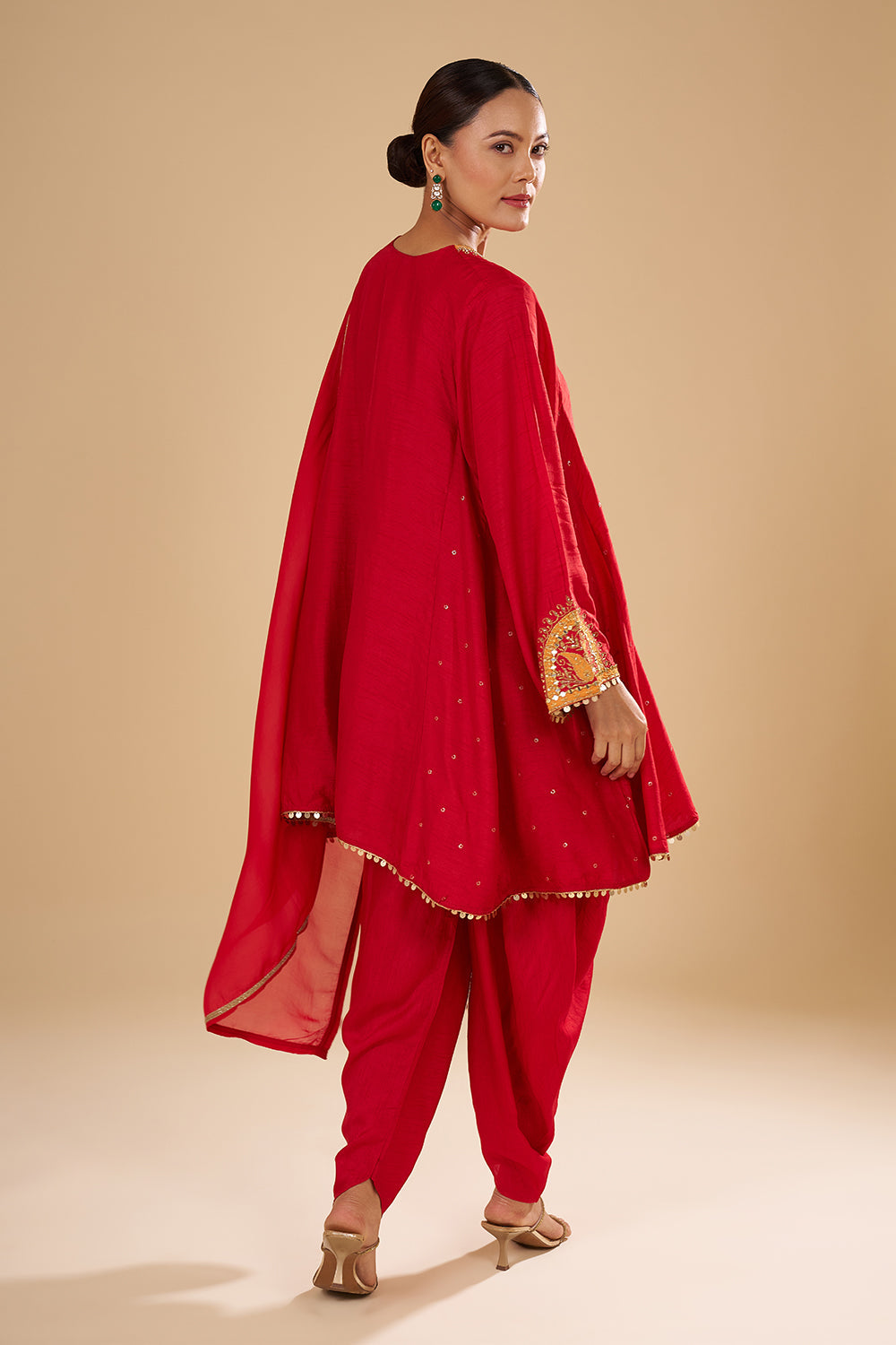 Cherry Red Raw Silk Peplum Kurta with Silk Tulip Pants and Mirror Work Dupatta