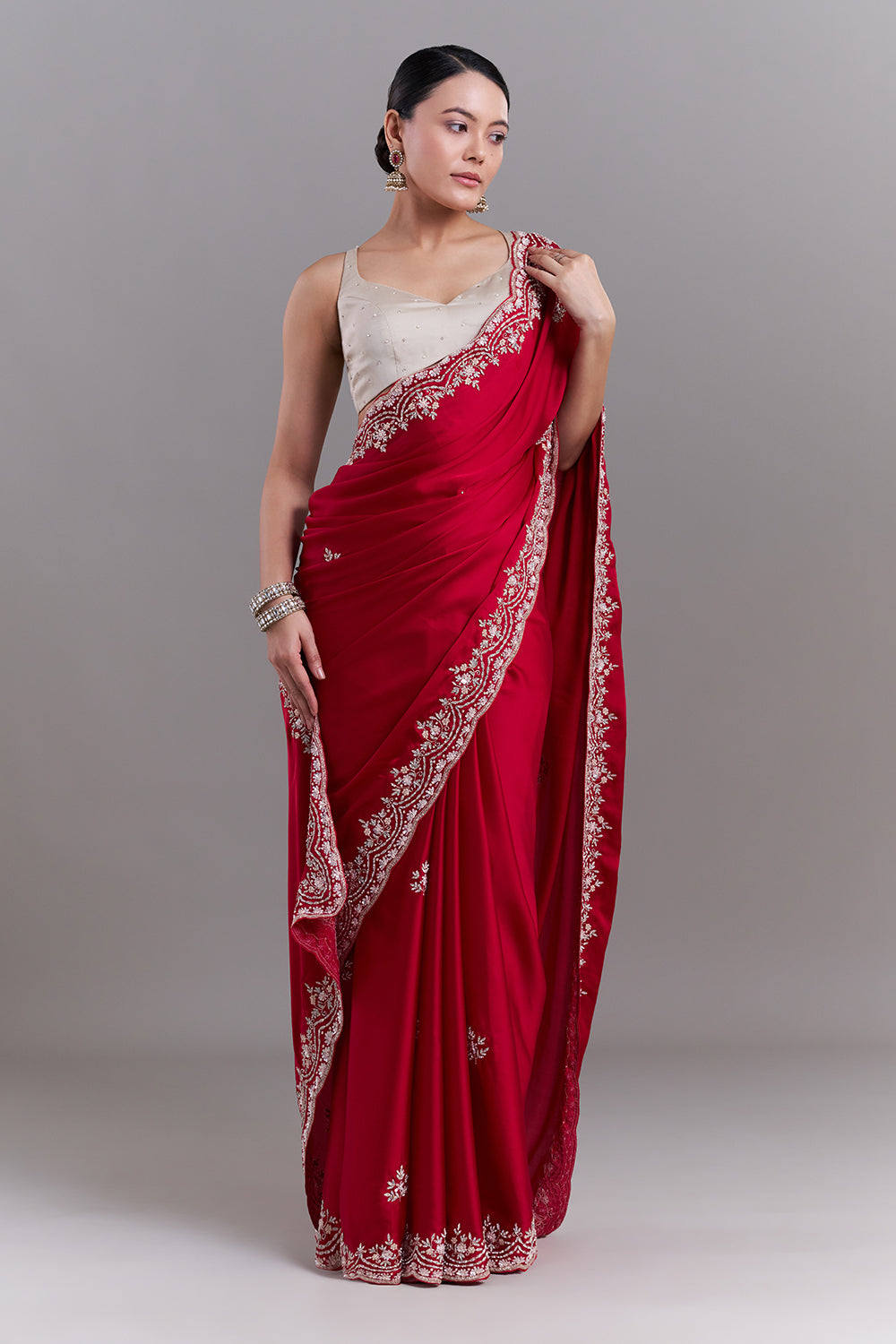 Cherry Red Satin Saree with Floral Vine Embellishments