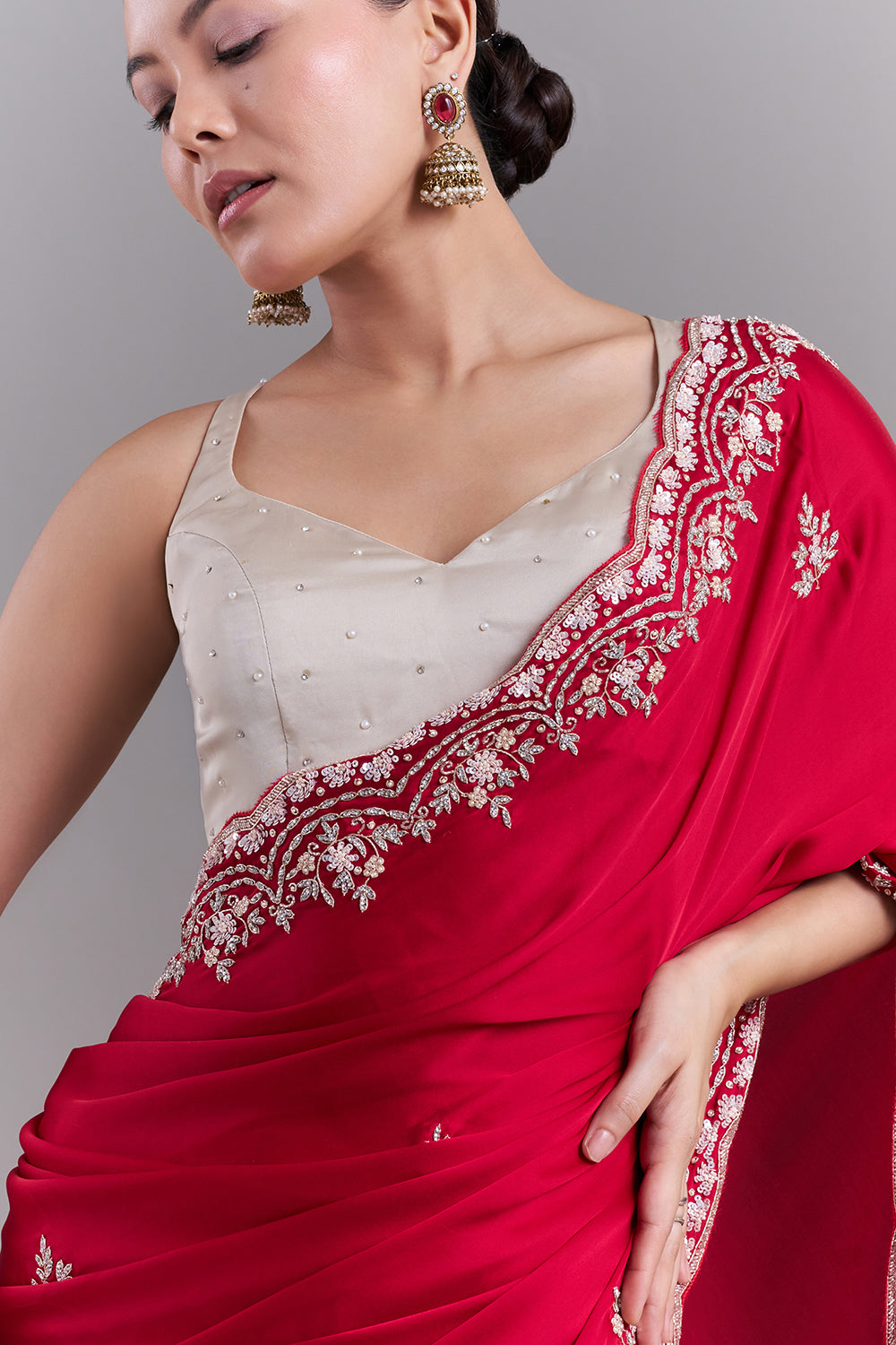 Cherry Red Satin Saree with Floral Vine Embellishments