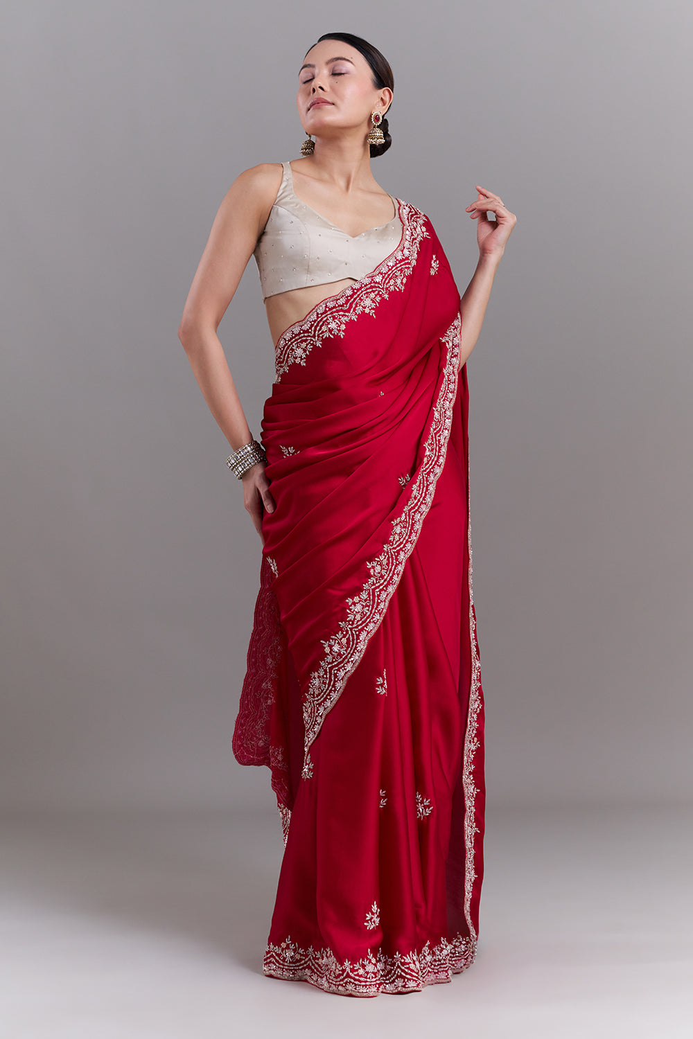 Cherry Red Satin Saree with Floral Vine Embellishments