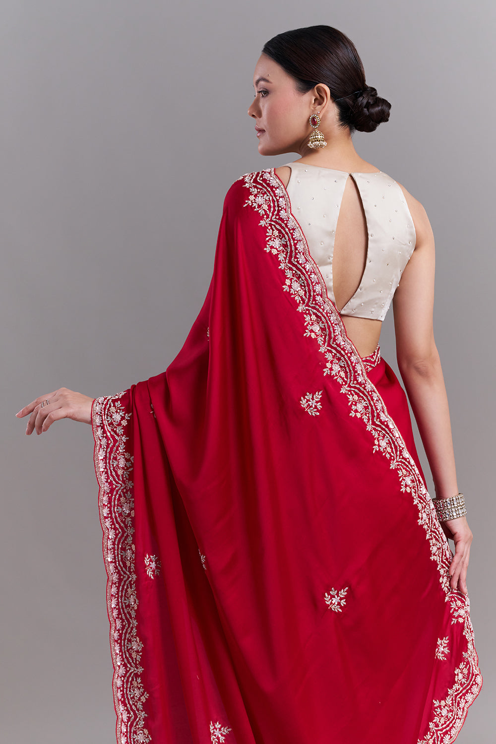 Cherry Red Satin Saree with Floral Vine Embellishments