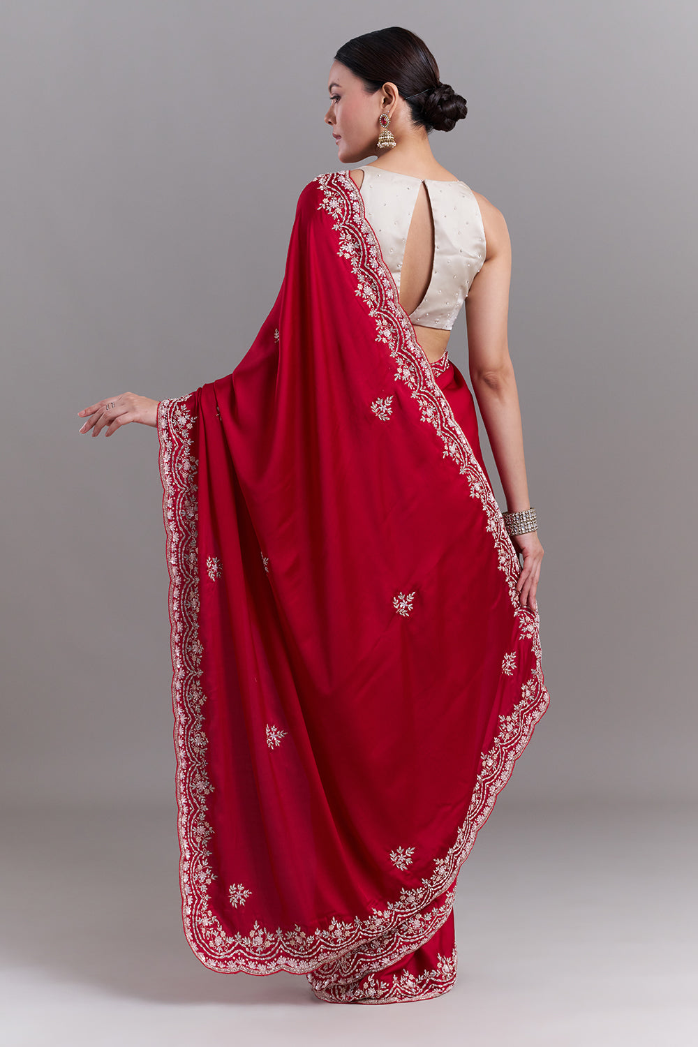 Cherry Red Satin Saree with Floral Vine Embellishments