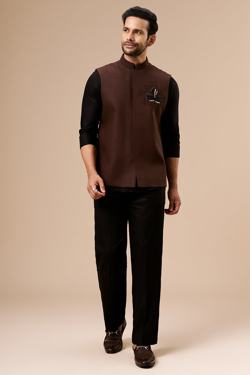 Chocolate Brown Cotton Bundi Set with Zardosi and Cut Dana Work