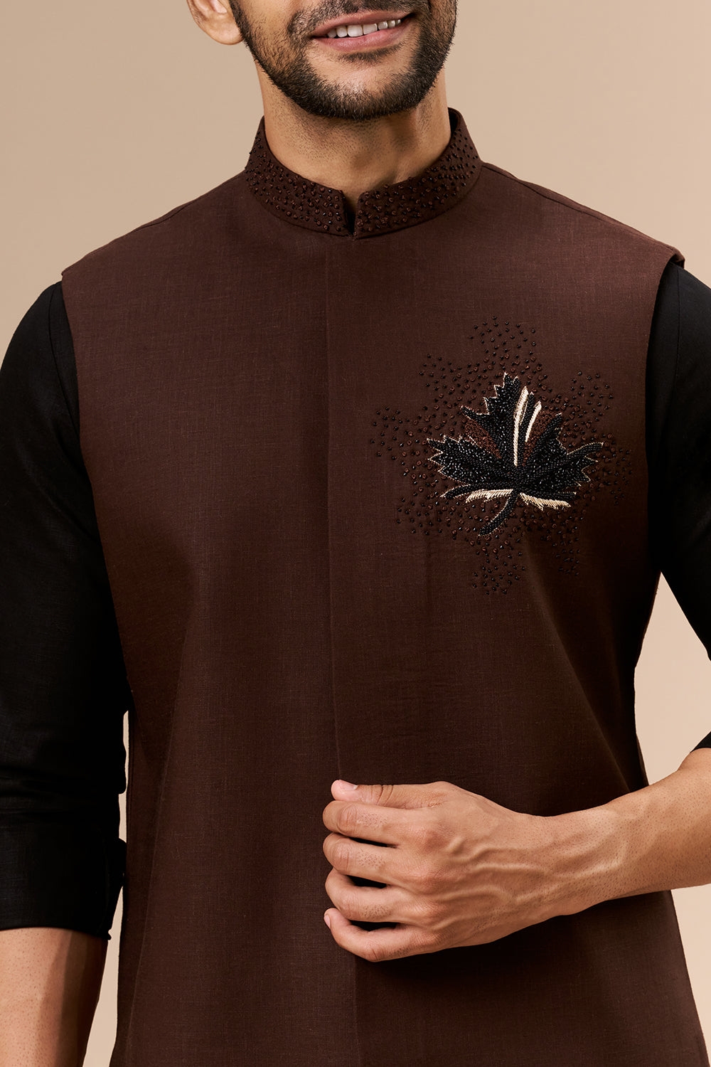 Chocolate Brown Cotton Bundi Set with Zardosi and Cut Dana Work