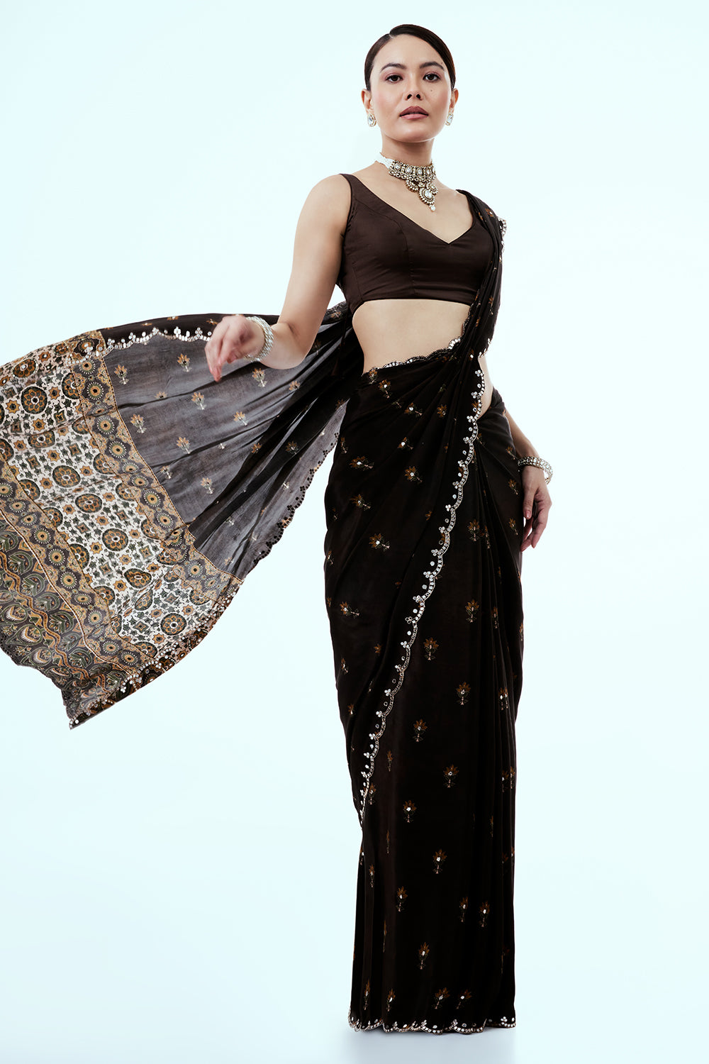 Chocolate Brown Crepe Saree with Butti Work