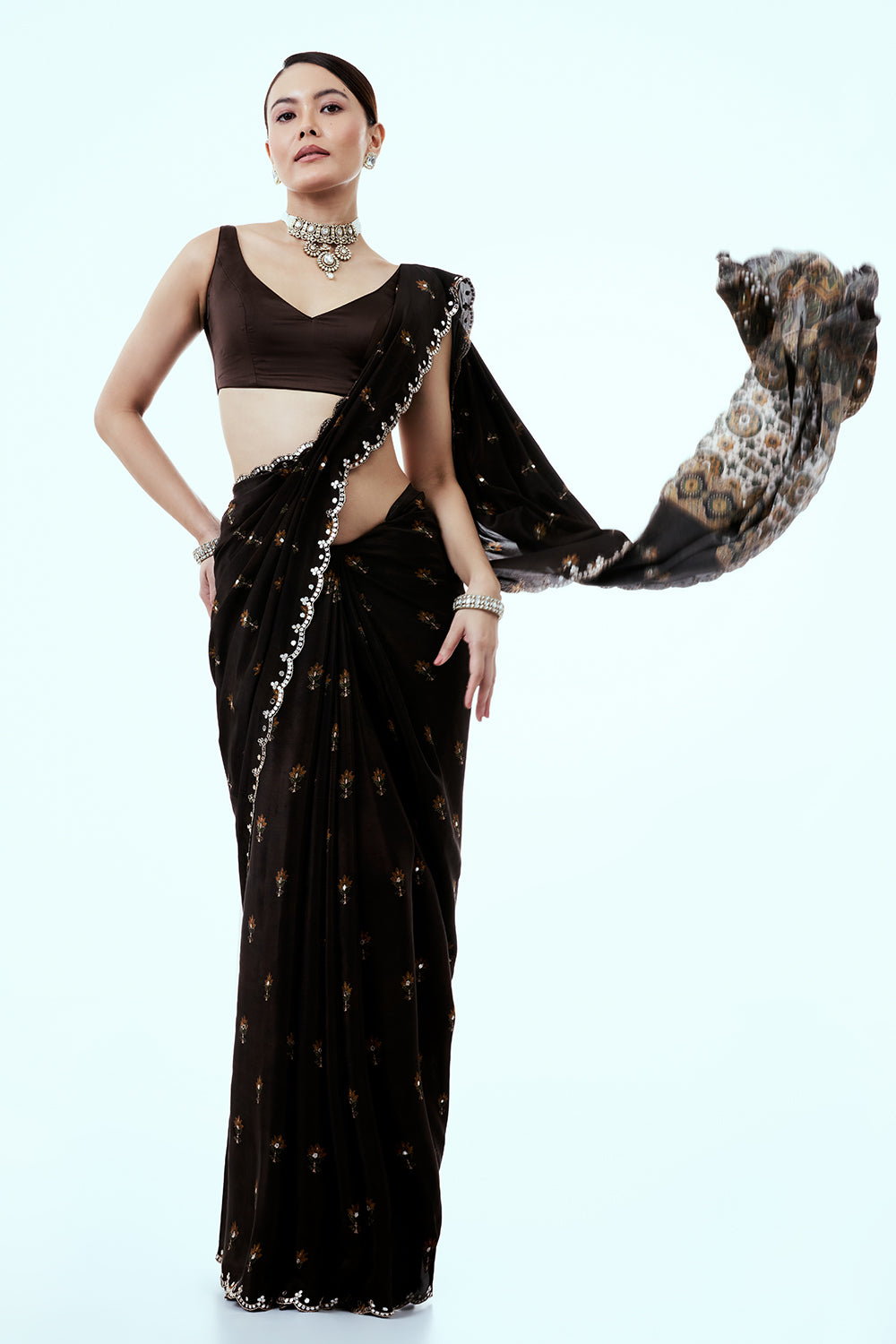 Chocolate Brown Crepe Saree with Butti Work