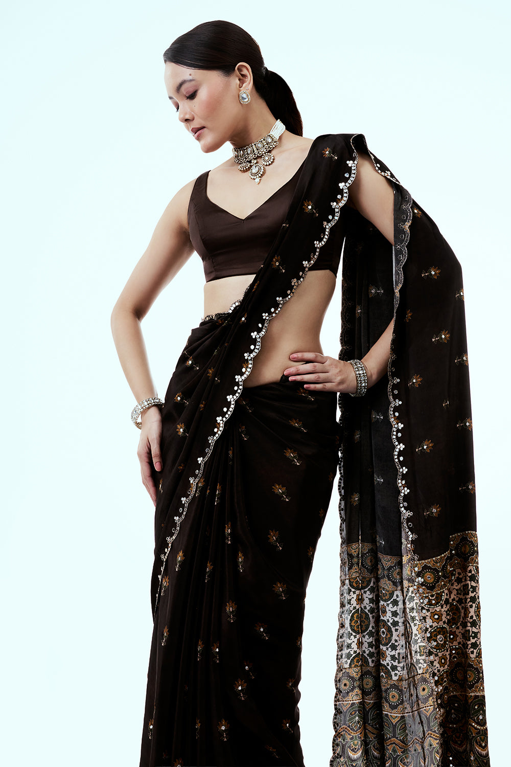 Chocolate Brown Crepe Saree with Butti Work