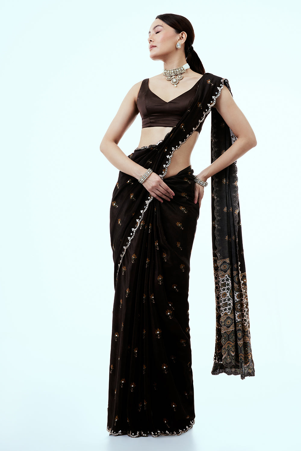 Chocolate Brown Crepe Saree with Butti Work