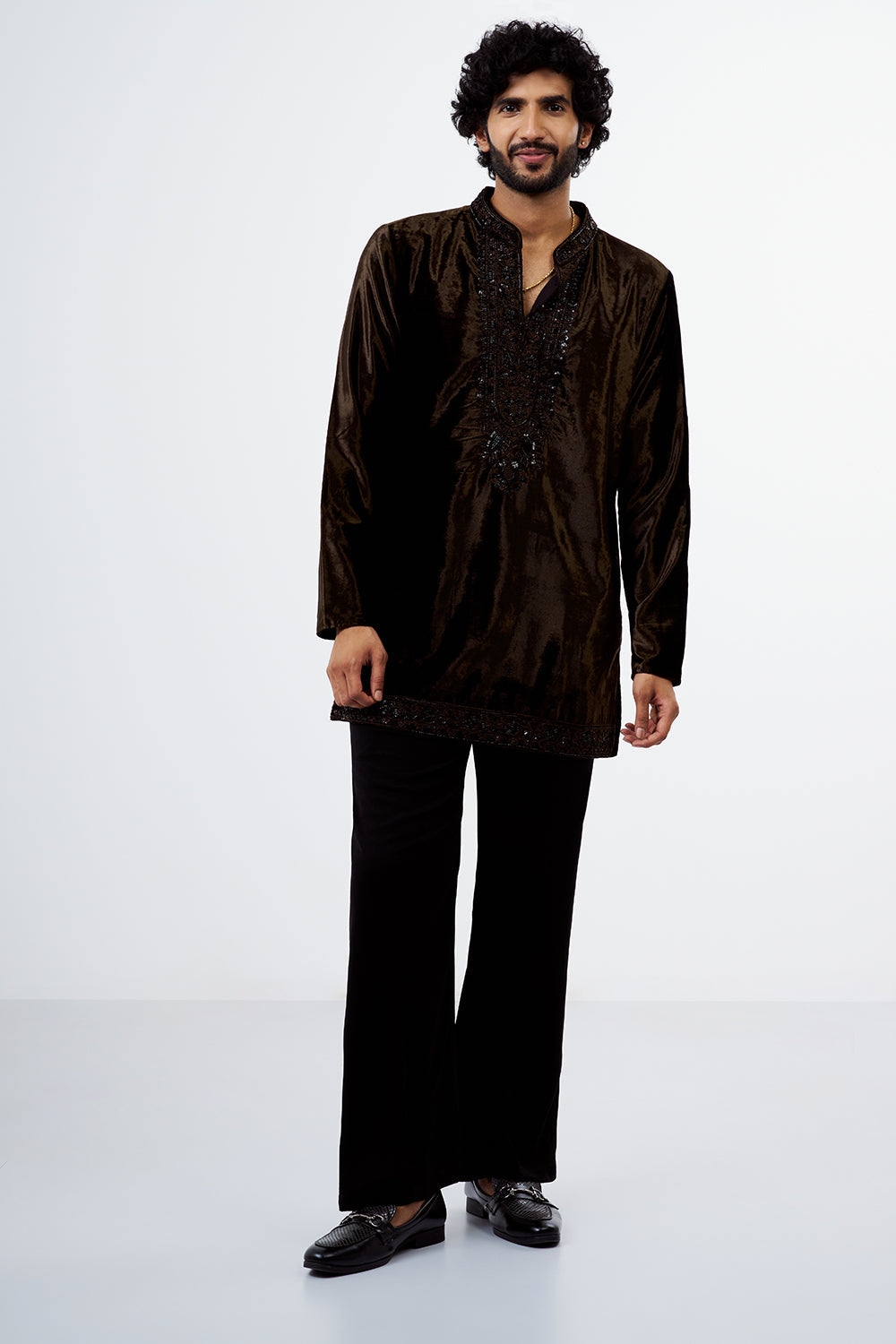 Chocolate Brown Embroidered Velvet Men's Kurta Set